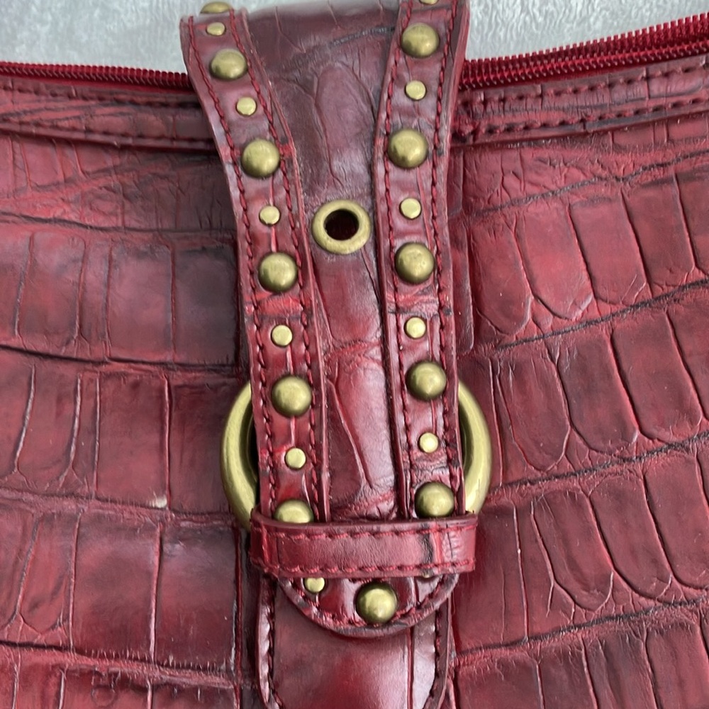 Red Croc-Embossed Handbag with Gold Accents - Picture 4 of 7
